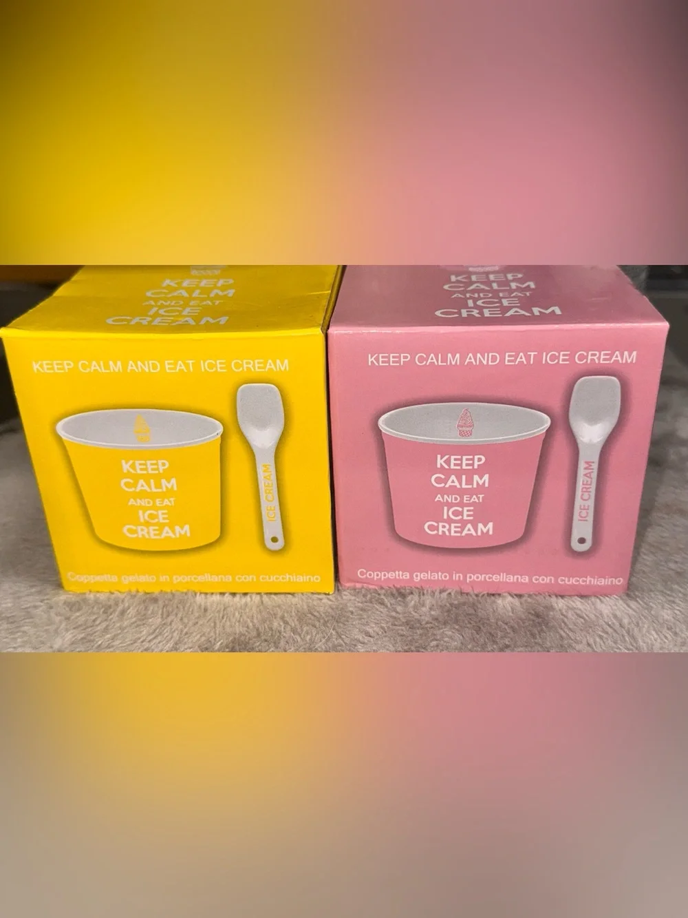 KEEP CALM and Eat Ice Cream Porcelain Cups & Spoons - Pink & Yellow